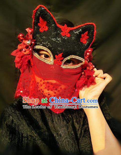 Top Grade Chinese Theatrical Headdress Ornamental Masquerade Cat Mask, Brazilian Carnival Halloween Occasions Handmade Miami Red Lace Veil Mask for Women