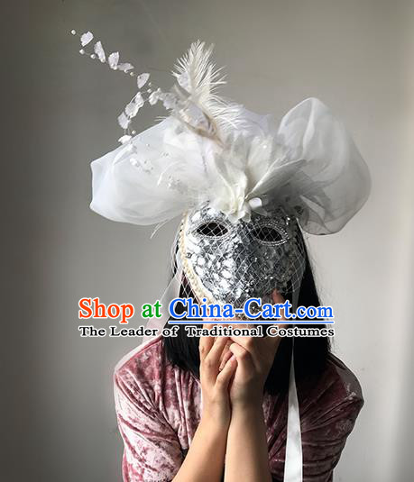 Top Grade Asian Headpiece Headdress Ornamental White Veil Mask, Brazilian Carnival Halloween Occasions Handmade Miami Cosplay Feather Mask for Women