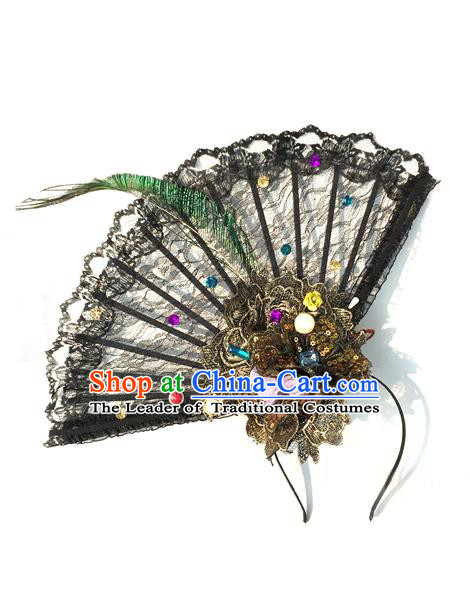 Top Grade Miami Deluxe Asian Chinese Fan Lace Hair Accessories, Halloween Brazilian Carnival Occasions Handmade Hair Clasp Headwear for Women