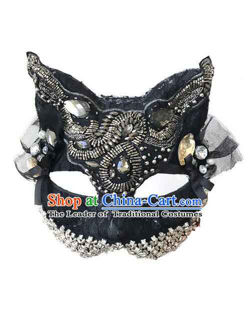 Top Grade Asian Headpiece Headdress Ornamental Cat Crystal Mask, Brazilian Carnival Halloween Occasions Handmade Miami Black Mask for Women