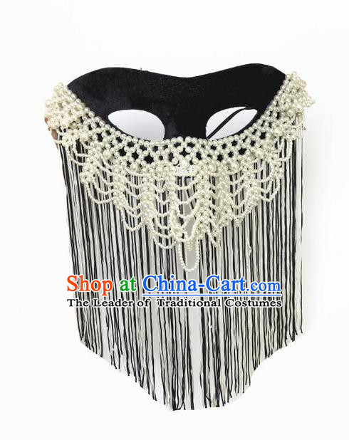 Top Grade Asian Headpiece Headdress Ornamental Cosplay Beads Mask, Brazilian Carnival Halloween Occasions Handmade Miami Vintage Tassel Mask for Women