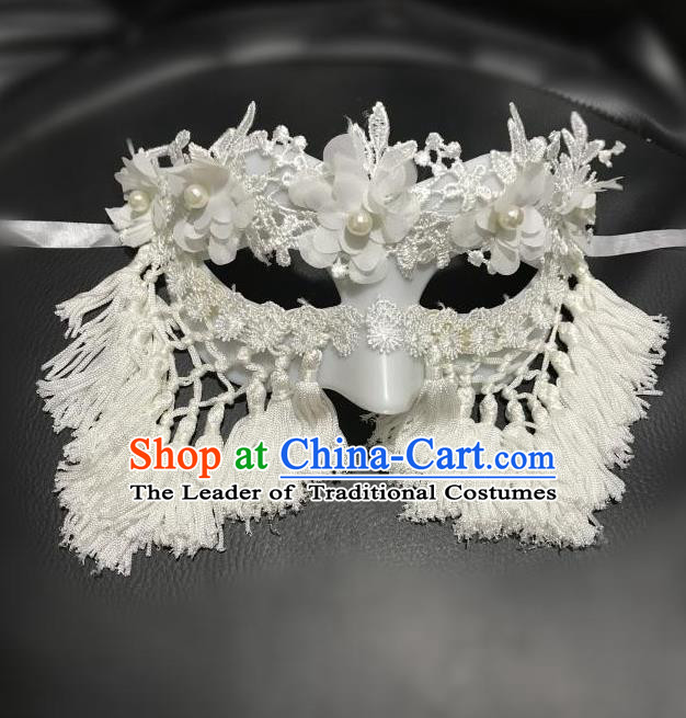 Top Grade Asian Headpiece Headdress Ornamental Cosplay Mask, Brazilian Carnival Halloween Occasions Handmade Miami Vintage White Tassel Mask for Women