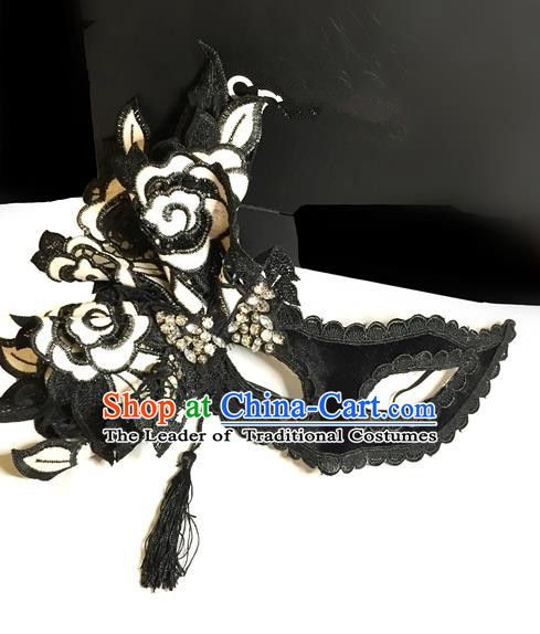 Top Grade Chinese Theatrical Headdress Ornamental Masquerade Black Lace Mask, Brazilian Carnival Halloween Occasions Handmade Miami Debutante Mask for Women