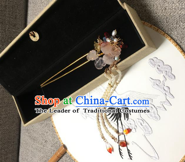 Asian Chinese Traditional Headdress Tassel Hairpins, China Ancient Handmade Bride Flowers Step Shake Headwear for Women