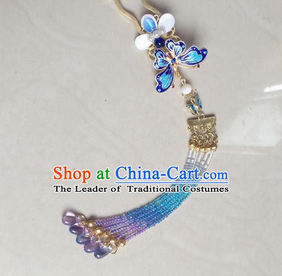 Asian Chinese Traditional Headdress Cloisonn Hair Accessories Hairpins, China Ancient Handmade Bride Hanfu Tassel Step Shake Headwear for Women