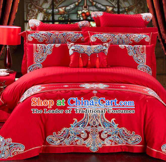 Traditional Asian Chinese Style Wedding Article Palace Lace Qulit Cover Bedding Sheet Bed Flag Complete Set, Embroidered Satin Drill Eleven-piece Duvet Cover Textile Bedding Suit