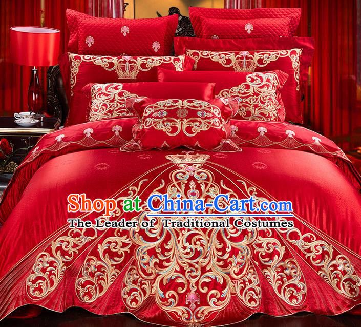 Traditional Asian Chinese Style Wedding Article Palace Lace Qulit Cover Bedding Sheet Complete Set, Embroidered Ombre Flowers Satin Drill Eleven-piece Duvet Cover Textile Bedding Suit