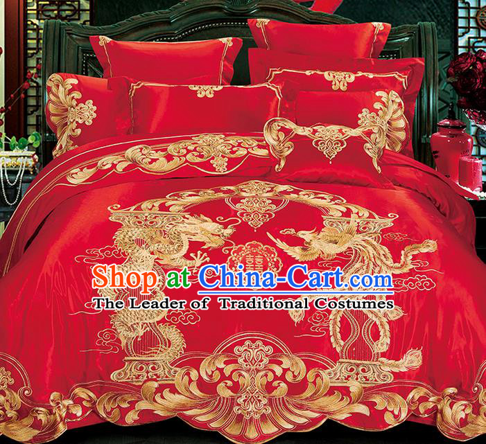 Traditional Asian Chinese Wedding Palace Qulit Cover Bedding Sheet Ten-piece Suit, Embroidered Peony Dragon and Phoenix Satin Drill Duvet Cover Textile Bedding Complete Set