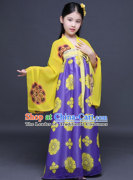 Traditional Ancient Chinese Imperial Princess Fairy Printing Phoenix Costume, Children Elegant Hanfu Clothing Chinese Tang Dynasty Purple Ruqun Dress Clothing for Kids