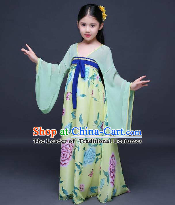 Traditional Ancient Chinese Imperial Princess Fairy Printing Phoenix Costume, Children Elegant Hanfu Clothing Chinese Tang Dynasty Green Ruqun Dress Clothing for Kids