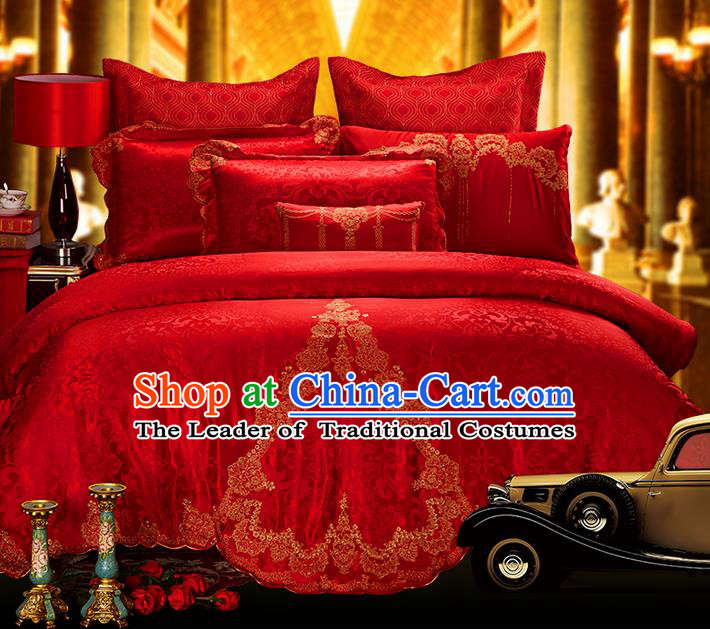 Traditional Asian Chinese Style Wedding Article Embroidery Jacquard Weave Satin Drill Bedding Sheet Complete Set, Duvet Cover Red Textile Bedding Six-piece Suit