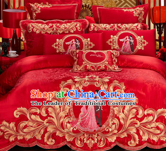 Traditional Asian Chinese Style Wedding Article Bedding Red Sheet Complete Set, Embroidery Bride Bridegroom Ten-piece Duvet Cover Satin Drill Textile Bedding Suit