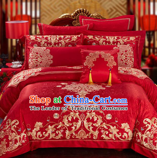 Traditional Asian Chinese Style Wedding Article Palace Embroidered Qulit Cover Bedding Sheet Complete Set, Jacquard Weave Satin Drill Eleven-piece Duvet Cover Textile Bedding Suit