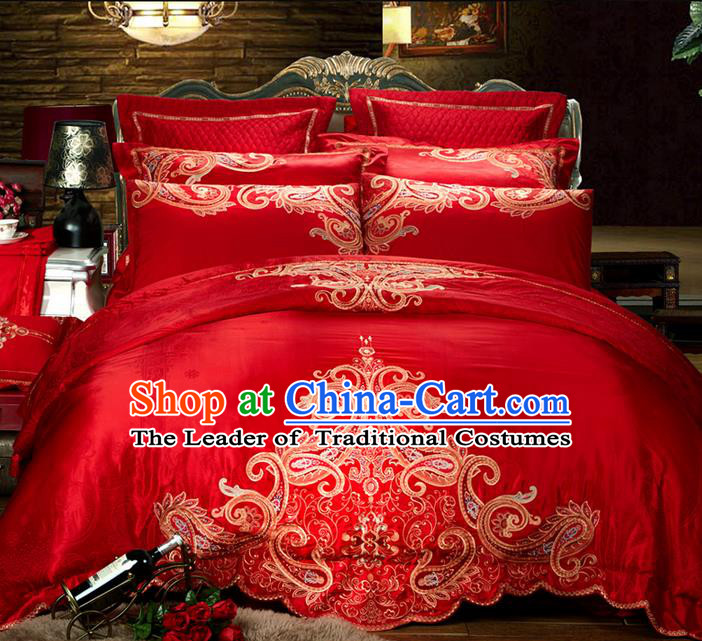 Traditional Asian Chinese Style Wedding Article Palace Embroidered Bedding Sheet Complete Set, Jacquard Weave Satin Drill Ten-piece Duvet Cover Textile Bedding Suit