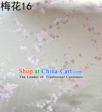 Asian Chinese Traditional Embroidery Pink Plum Blossom White Silk Fabric, Top Grade Brocade Embroidered Tang Suit Hanfu Dress Fabric Cheongsam Cloth Material