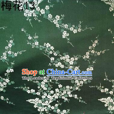 Asian Chinese Traditional Embroidery White Plum Blossom Green Silk Fabric, Top Grade Brocade Embroidered Tang Suit Hanfu Dress Fabric Cheongsam Cloth Material