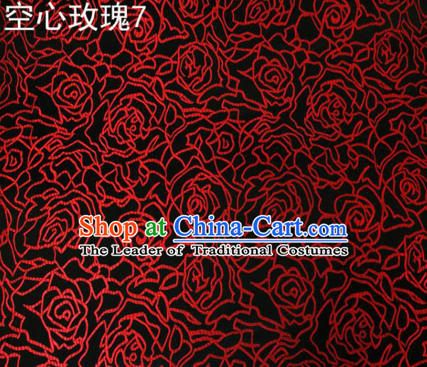 Asian Chinese Traditional Jacquard Weave Embroidered Red Rose Flowers Black Satin Silk Fabric, Top Grade Brocade Tang Suit Hanfu Coat Dress Fabric Cheongsam Cloth Material