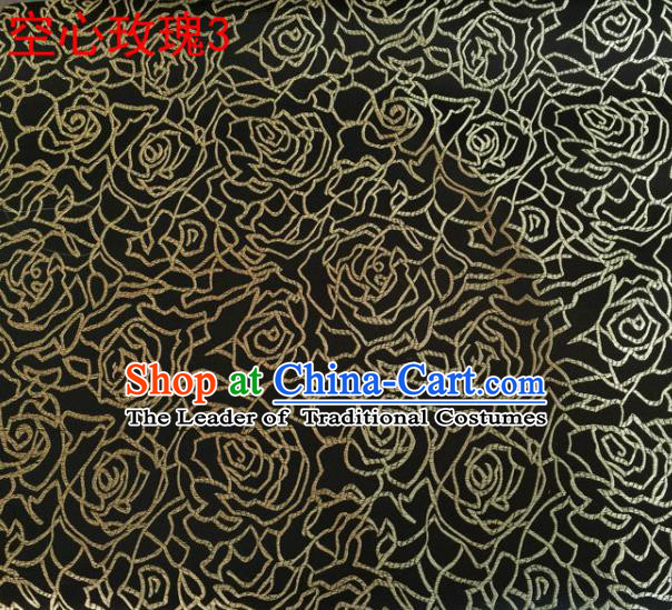 Asian Chinese Traditional Jacquard Weave Embroidered Golden Rose Flowers Black Satin Silk Fabric, Top Grade Brocade Tang Suit Hanfu Coat Dress Fabric Cheongsam Cloth Material