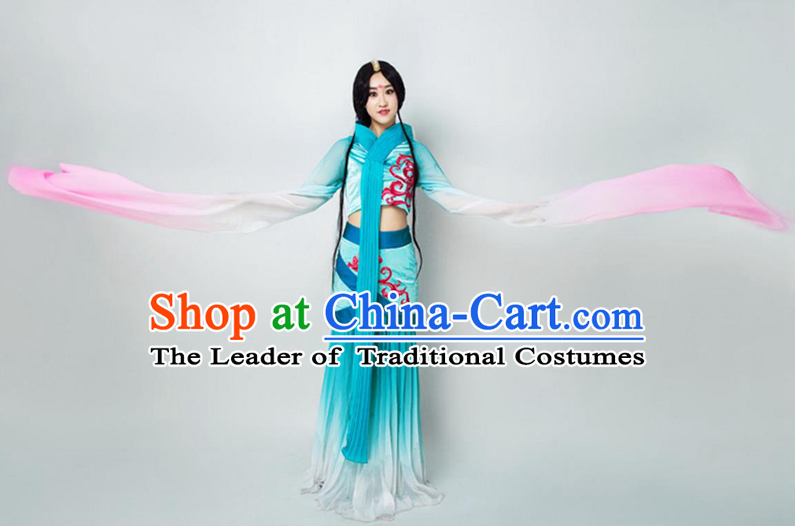 Traditional Chinese Classical Dance Flying Dance Costume, Folk Dance Water Sleeve Dance Blue Dress for Women