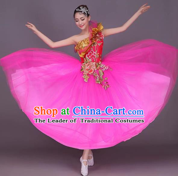 Chinese Classic Stage Performance Dance Costumes, Opening Dance Folk Dance Classic Dance Big Swing One-shoulder Pink Veil Dress for Women