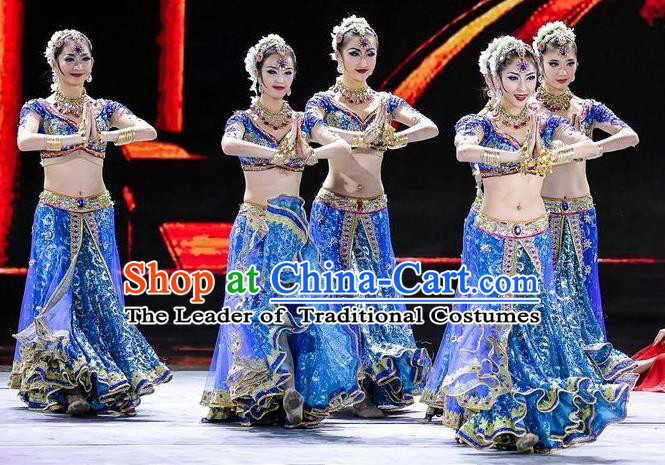 Traditional Indian Classical Dance Costume, India Belly Dance Raks Sharki Blue Dress for Women