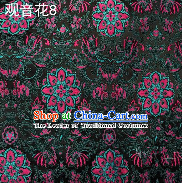 Asian Chinese Traditional Embroidering Avalokitesvara Flowers Thangka Satin Atrovirens Silk Fabric, Top Grade Brocade Tang Suit Hanfu Full Dress Fabric Cheongsam Cloth Material