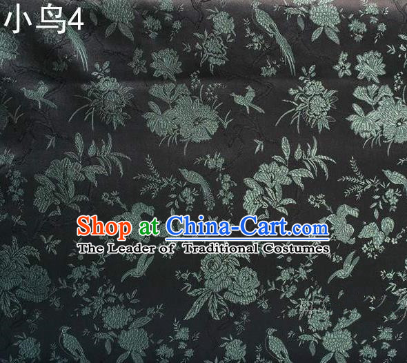 Asian Chinese Traditional Embroidery Magpie Peony Satin Black Silk Fabric, Top Grade Brocade Tang Suit Hanfu Full Dress Fabric Cheongsam Cloth Material