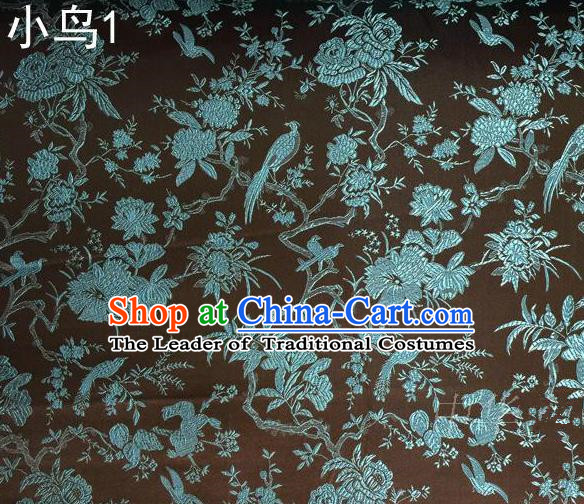 Asian Chinese Traditional Embroidery Magpie Peony Satin Coffee Silk Fabric, Top Grade Brocade Tang Suit Hanfu Full Dress Fabric Cheongsam Cloth Material