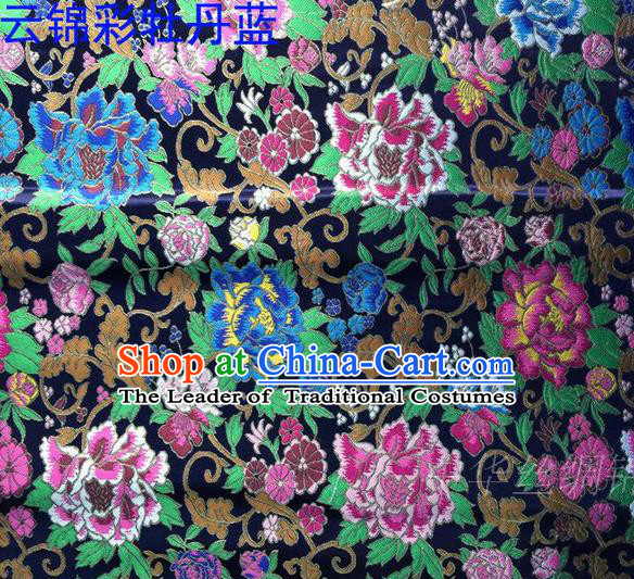 Asian Chinese Traditional Handmade Embroidery Peony Satin Silk Fabric, Top Grade Nanjing Brocade Tang Suit Hanfu Navy Fabric Cheongsam Cloth Material