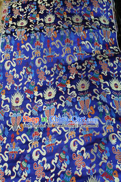 Asian Chinese Traditional Handmade Embroidery Chinese Knot Satin Silk Fabric, Top Grade Nanjing Brocade Tang Suit Hanfu Fabric Cheongsam Blue Cloth Material