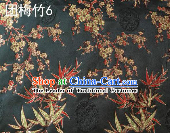 Asian Chinese Traditional Handmade Embroidery Plum and Bamboo Silk Fabric, Top Grade Nanjing Brocade Tang Suit Hanfu Black Fabric Cheongsam Cloth Material