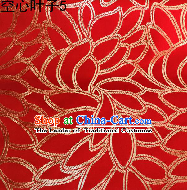 Asian Chinese Traditional Handmade Embroidery Golden Leaf Pattern Satin Wedding Silk Fabric, Top Grade Nanjing Brocade Tang Suit Hanfu Fabric Cheongsam Red Cloth Material