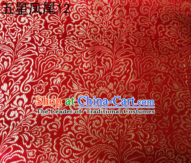 Asian Chinese Traditional Handmade Embroidery Golden Five-star Ombre Flowers Satin Red Silk Fabric, Top Grade Nanjing Brocade Tang Suit Hanfu Fabric Cheongsam Cloth Material