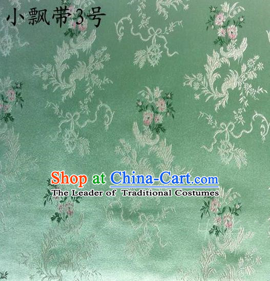 Traditional Asian Chinese Handmade Embroidery Flowers Ribbons Satin Green Silk Fabric, Top Grade Nanjing Brocade Tang Suit Hanfu Clothing Fabric Cheongsam Cloth Material