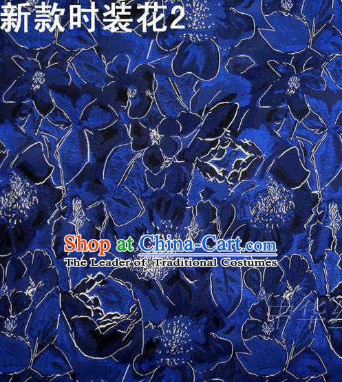 Traditional Asian Chinese Handmade Printing Flowers Satin Royalblue Silk Fabric, Top Grade Nanjing Brocade Tang Suit Hanfu Clothing Fabric Cheongsam Cloth Material