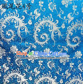 Traditional Asian Chinese Handmade Embroidery Ombre Peony Flowers Satin Blue Silk Fabric, Top Grade Nanjing Brocade Tang Suit Hanfu Clothing Fabric Cheongsam Cloth Material