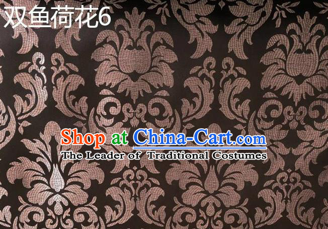 Traditional Asian Chinese Handmade Embroidery Lotus Flowers Fishes Satin Brown Silk Fabric, Top Grade Nanjing Brocade Tang Suit Hanfu Wedding Tibetan Clothing Fabric Cheongsam Cloth Material