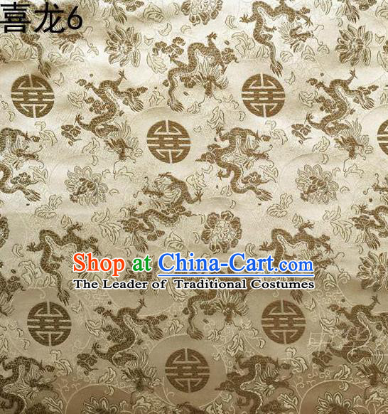 Traditional Asian Chinese Handmade Embroidery Happiness Dragon Satin Light Golden Silk Fabric, Top Grade Nanjing Brocade Tang Suit Hanfu Tibetan Clothing Fabric Cheongsam Cloth Material