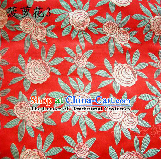 Traditional Asian Chinese Handmade Embroidery Pineapple Flowers Satin Red Silk Fabric, Top Grade Nanjing Brocade Tang Suit Hanfu Tibetan Clothing Fabric Cheongsam Cloth Material