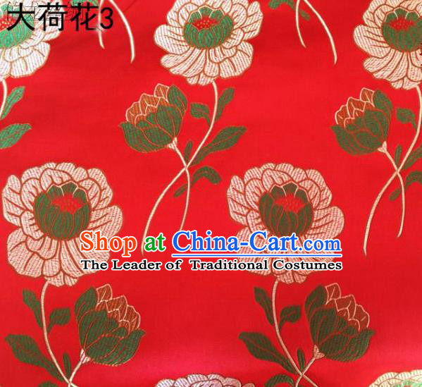 Traditional Asian Chinese Handmade Embroidery Lotus Satin Red Silk Fabric, Top Grade Nanjing Brocade Tang Suit Hanfu Clothing Fabric Cheongsam Cloth Material