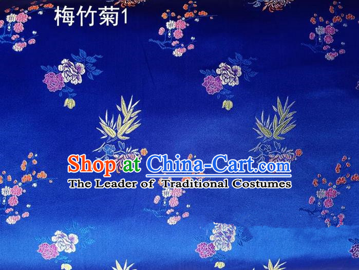 Traditional Asian Chinese Handmade Embroidery Bamboo Chrysanthemum Satin Tang Suit Blue Silk Fabric, Top Grade Nanjing Brocade Ancient Costume Hanfu Clothing Fabric Cheongsam Cloth Material