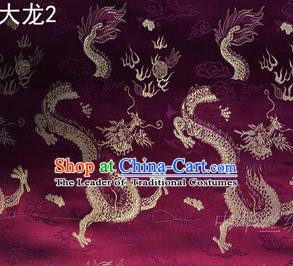 Traditional Asian Chinese Handmade Embroidery Dragons Satin Tang Suit Wine Red Silk Fabric, Top Grade Nanjing Brocade Ancient Costume Hanfu Clothing Fabric Cheongsam Cloth Material