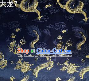 Traditional Asian Chinese Handmade Embroidery Dragons Satin Tang Suit Navy Silk Fabric, Top Grade Nanjing Brocade Ancient Costume Hanfu Clothing Fabric Cheongsam Cloth Material