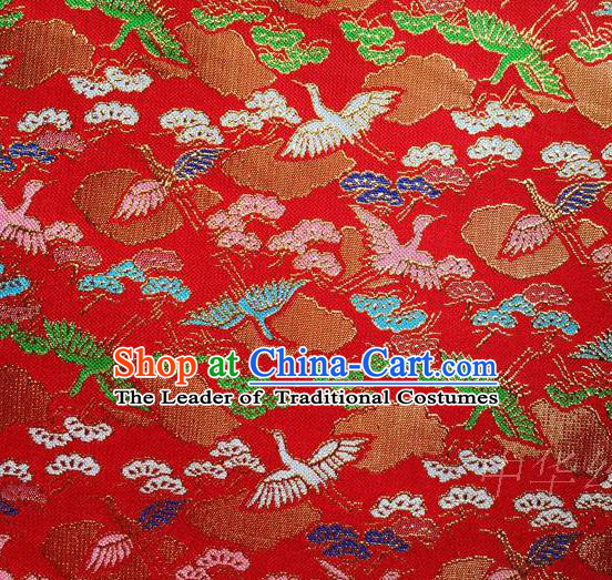 Traditional Asian Chinese Handmade Embroidery Cranes Satin Tang Suit Red Fabric, Nanjing Brocade Ancient Costume Hanfu Kimono Cheongsam Cloth Material