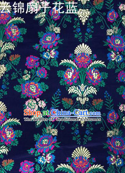 Traditional Asian Chinese Handmade Embroidery Scaevola Nitida Satin Tang Suit Navy Fabric, Nanjing Brocade Ancient Costume Hanfu Xiuhe Suit Cheongsam Cloth Material