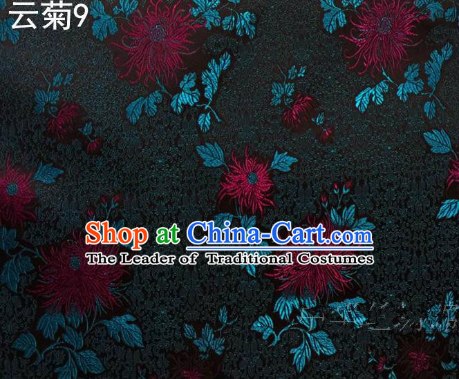 Traditional Asian Chinese Handmade Jacquard Weave Embroidery Chrysanthemum Satin Tang Suit Black Silk Fabric, Top Grade Nanjing Brocade Ancient Costume Hanfu Clothing Fabric Cheongsam Cloth Material