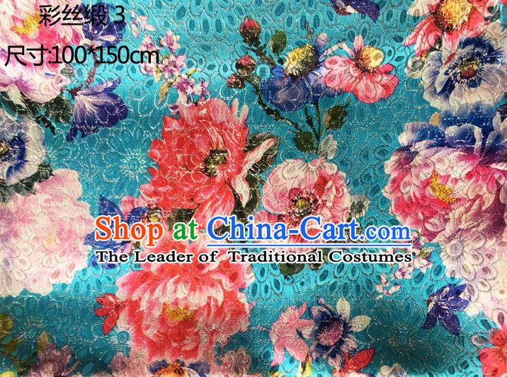 Traditional Asian Chinese Handmade Printing Peony Flowers Color Silk Satin Tang Suit Blue Fabric Drapery, Nanjing Brocade Ancient Costume Hanfu Cheongsam Cloth Material