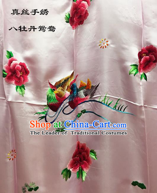 Traditional Asian Chinese Handmade Embroidery Mandarin Ducks Peony Quilt Cover Silk Tapestry Pink Fabric Drapery, Top Grade Nanjing Brocade Bed Sheet Cloth Material