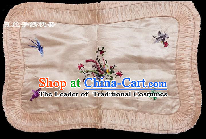 Traditional Asian Chinese Handmade Embroidery Phoenix Silk Pink Pillowslip, Top Grade Nanjing Brocade Pillow Cover