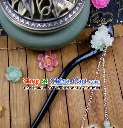 Traditional Handmade Chinese Ancient Classical Hair Accessories Peach Wood Hairpins, Green Flower Tassel Step Shake Hair Stick Hair Fascinators for Women